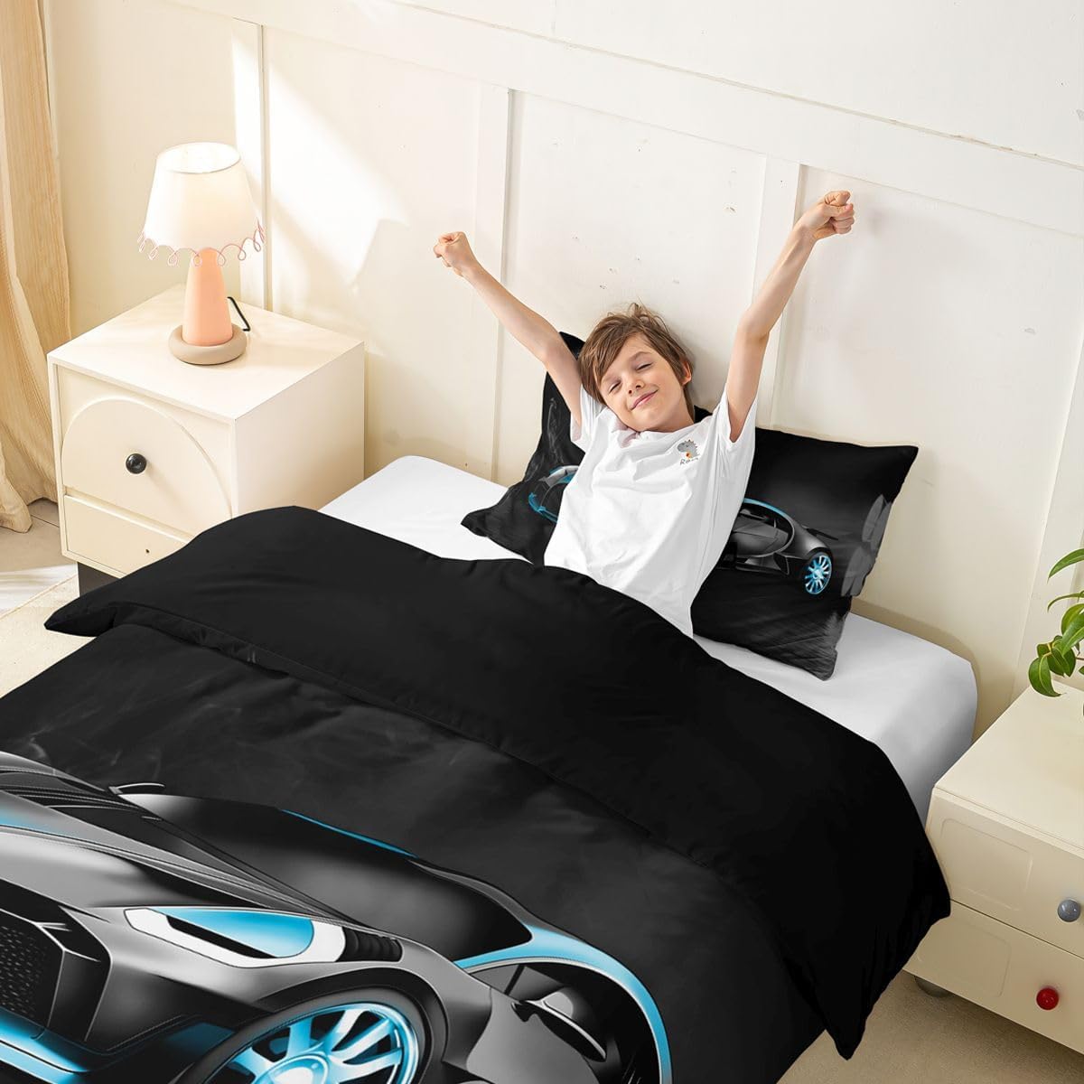 Feelyou Racing Car Bedding Set for Boys Kids Teens Men Extreme Speed Sports Themed Comforter Cover Competition Bedroom Decor Full Size 3 Pcs (1 Duvet Cover +2 Pillow Shams), Luxury Black