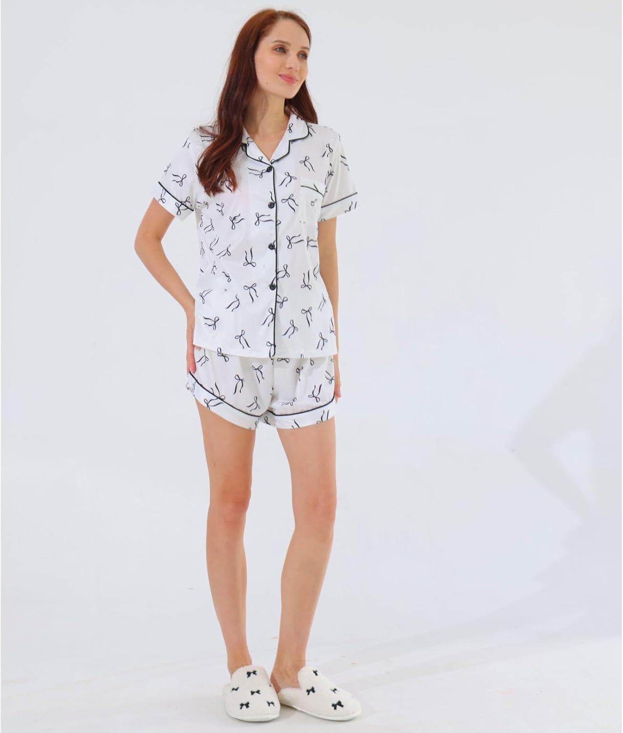 Bow Pajama - Coquette Women's 2-Piece Pajama Set, Bow Graphic Short Sleeve Button-Down Lapel Shirt & Shorts - Image 3