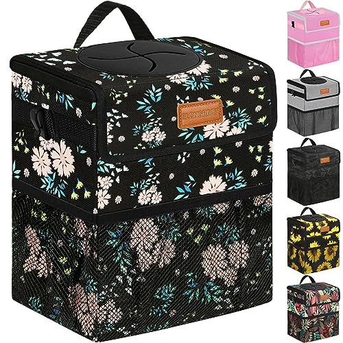 Image of ELONGRIVER Car Trash Can Bin for Back Seat Leak Proof, Cute Car Trash Bag Hanging, Vehicle Trash Can for SUV Truck Van, Automotive Garbage Cans Front Seat Colorful Floral, 2 Gallons
