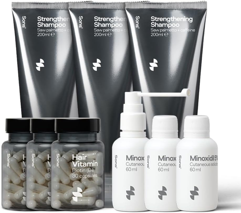 Sons Complete Hair Loss Treatment. Minoxidil 5% Hair Regrowth Treatment for Men's Hair Loss, Vegan Biotin for Hair, Skin & Nails, DHT Blocking and Thickening Shampoo. 3 Month Supply. Made in Europe.