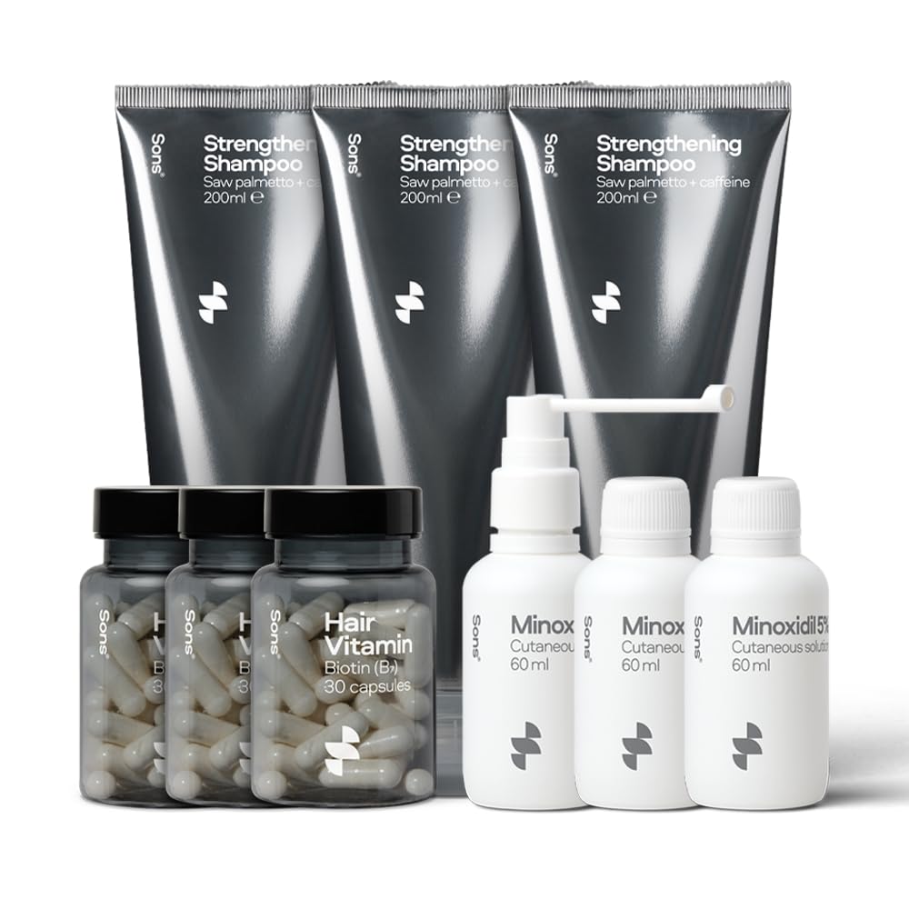 Sons Complete Hair Loss Treatment. Minoxidil 5% Hair Regrowth Treatment for Men's Hair Loss, Vegan Biotin for Hair, Skin & Nails, DHT Blocking and Thickening Shampoo. 3 Month Supply. Made in Europe.