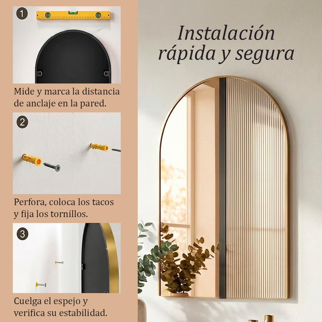 Marctani Espejo Ventana Arqueado con Marco de Aluminio Dorado, Espejos Decorativos de Pared Estilo Ventanal Vintage, Cristal HD de 2.8cm para Recibidor, Salón o Dormitorio — view 4