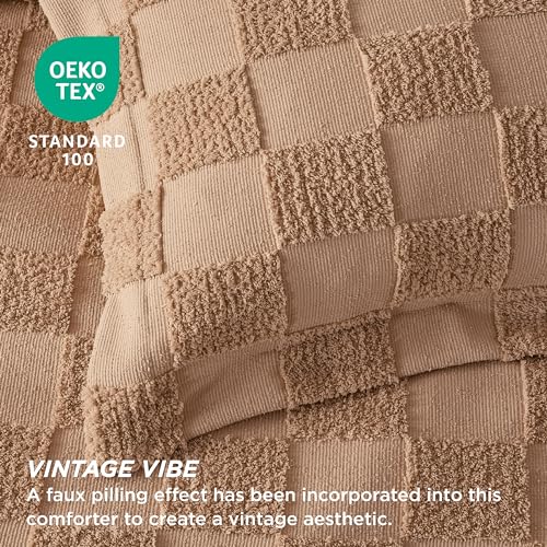 Image of Bedsure Terracotta King Size Comforter Set, Boho Tufted Bed Set, Checkered Farmhouse-Style Distressed Vintage Bedding, 3 Pieces, 1 Plaid Geometric Comforter and 2 Pillow Shams