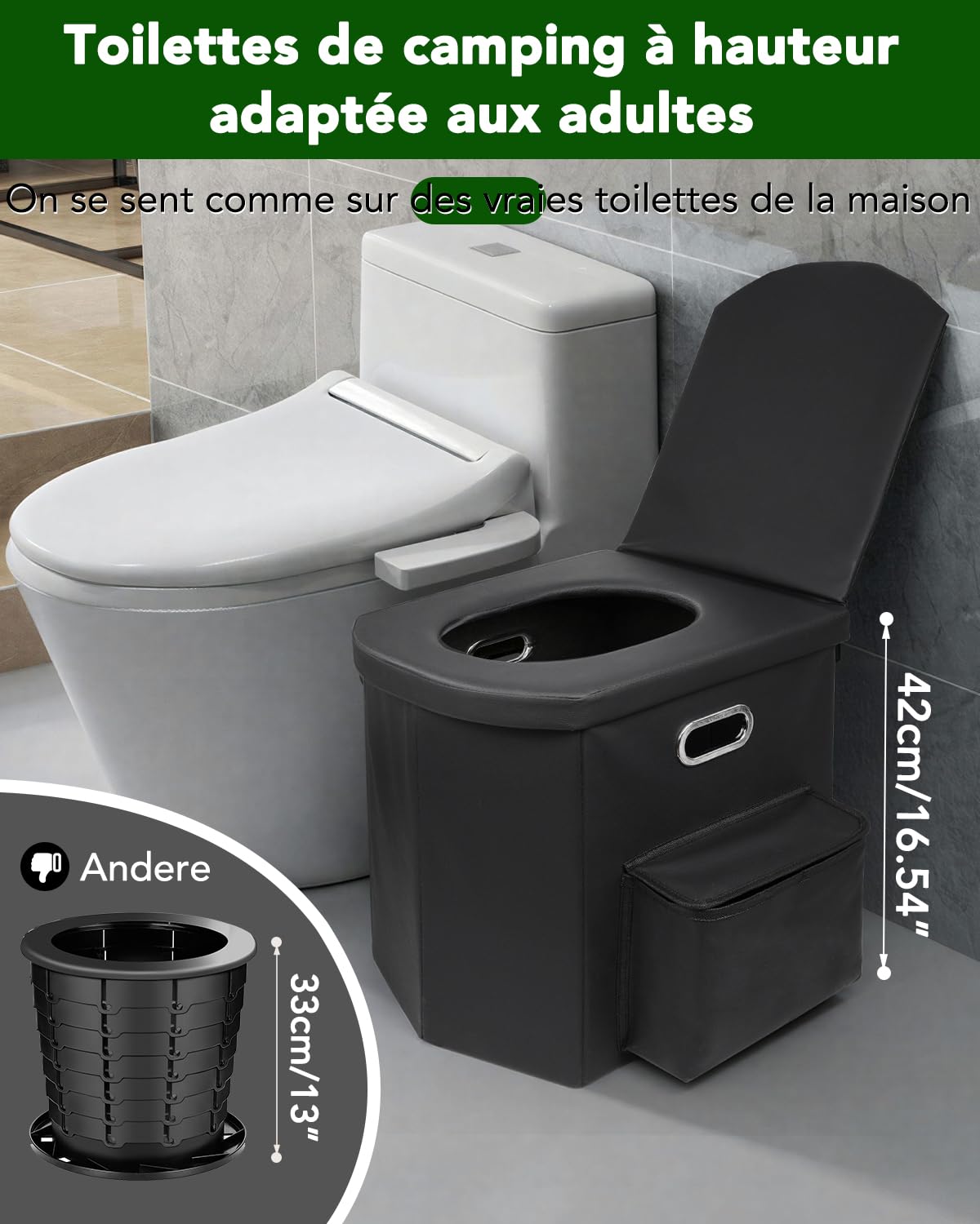 E EASTSTORM Faltbare Campingtoilette, 42 cm Sitzhöhe wie daheim, Notfall toilett für Erwachsene & Kinder, Garten,Angeln,Zelt, Schlafzimmer, Roadtrips, Strand