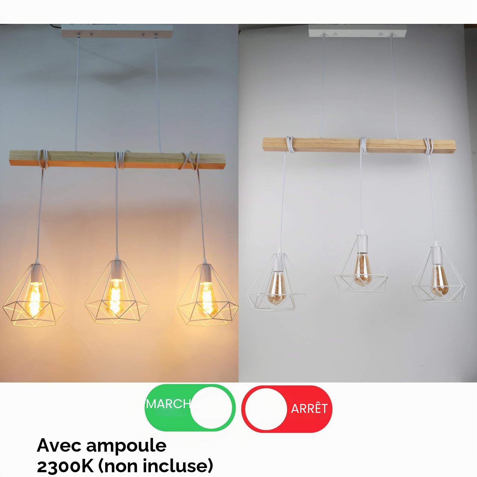 Alpinaluz Suspension linéaire 3 lumières 75 cm en bois naturel avec 3 abat-jour cage en métal blanc, 3x E27, hauteur réglable, style nordique pour îlot de cuisine, salle à manger ou salon