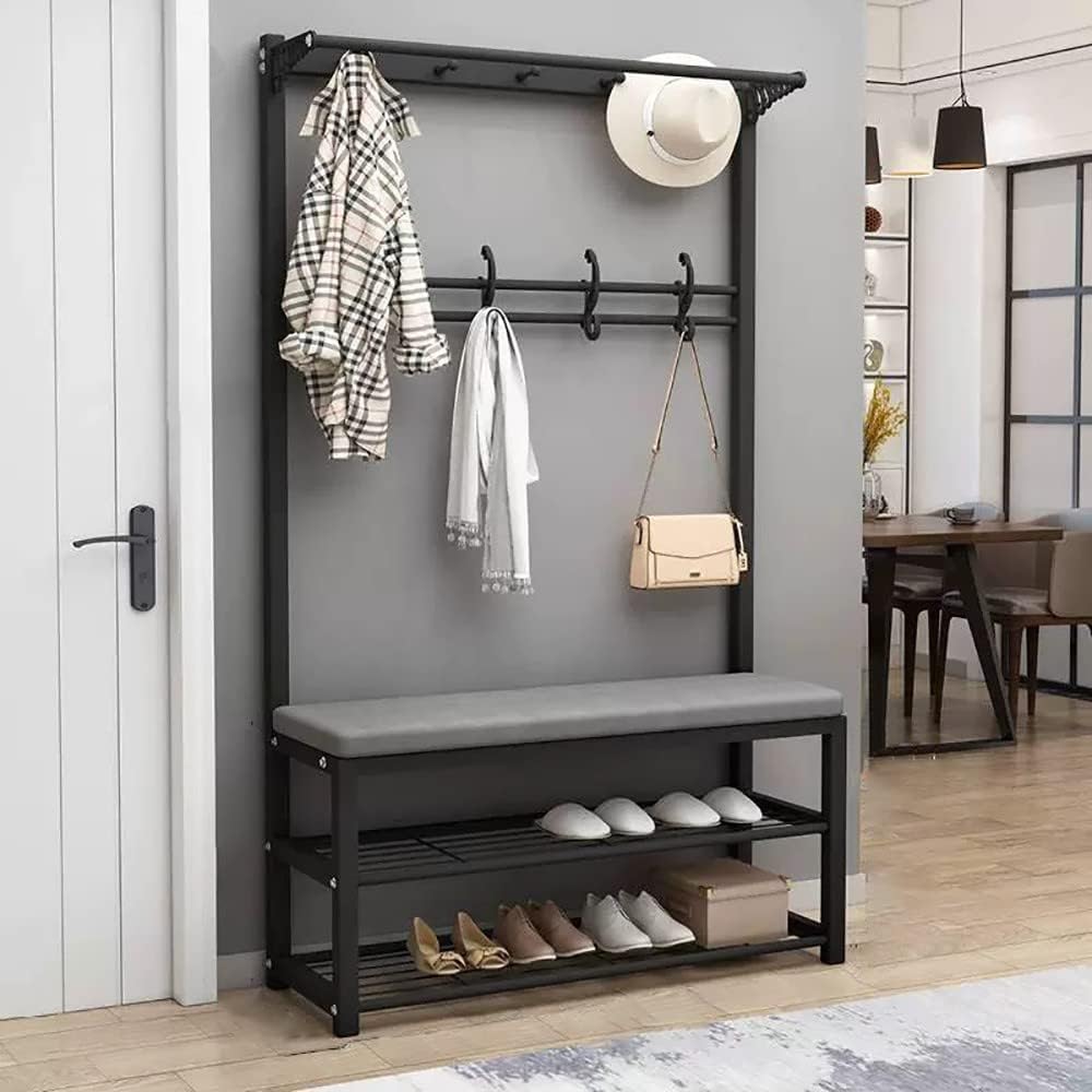 MYUYEE Coat Rack With Bench, Clothes Rack With Shoe Racks, Shoe Rack With Seat, Metal Coat Rack With Hooks And 3 Shelves For Hallway Bedroom, 100X33X170Cm(100X33X170Cm A-A)