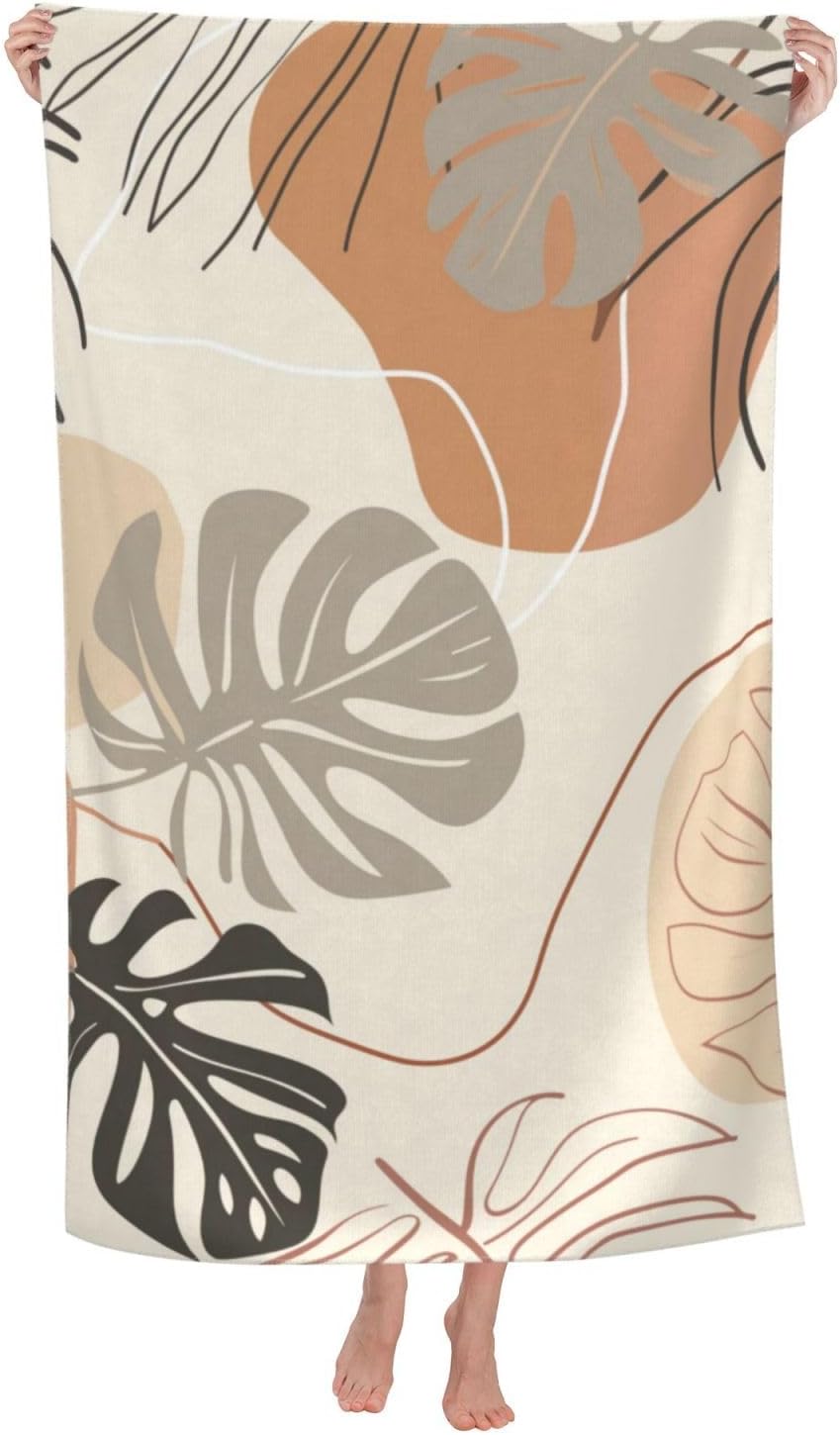 Abstract Mid Century Boho Beach Towel Microfiber Sand Free Leaves Towels for Adults Kids Quick Dry Ultra Absorbent Super Soft Pool Travel Swim Bath Shower Towel 52”x 32”