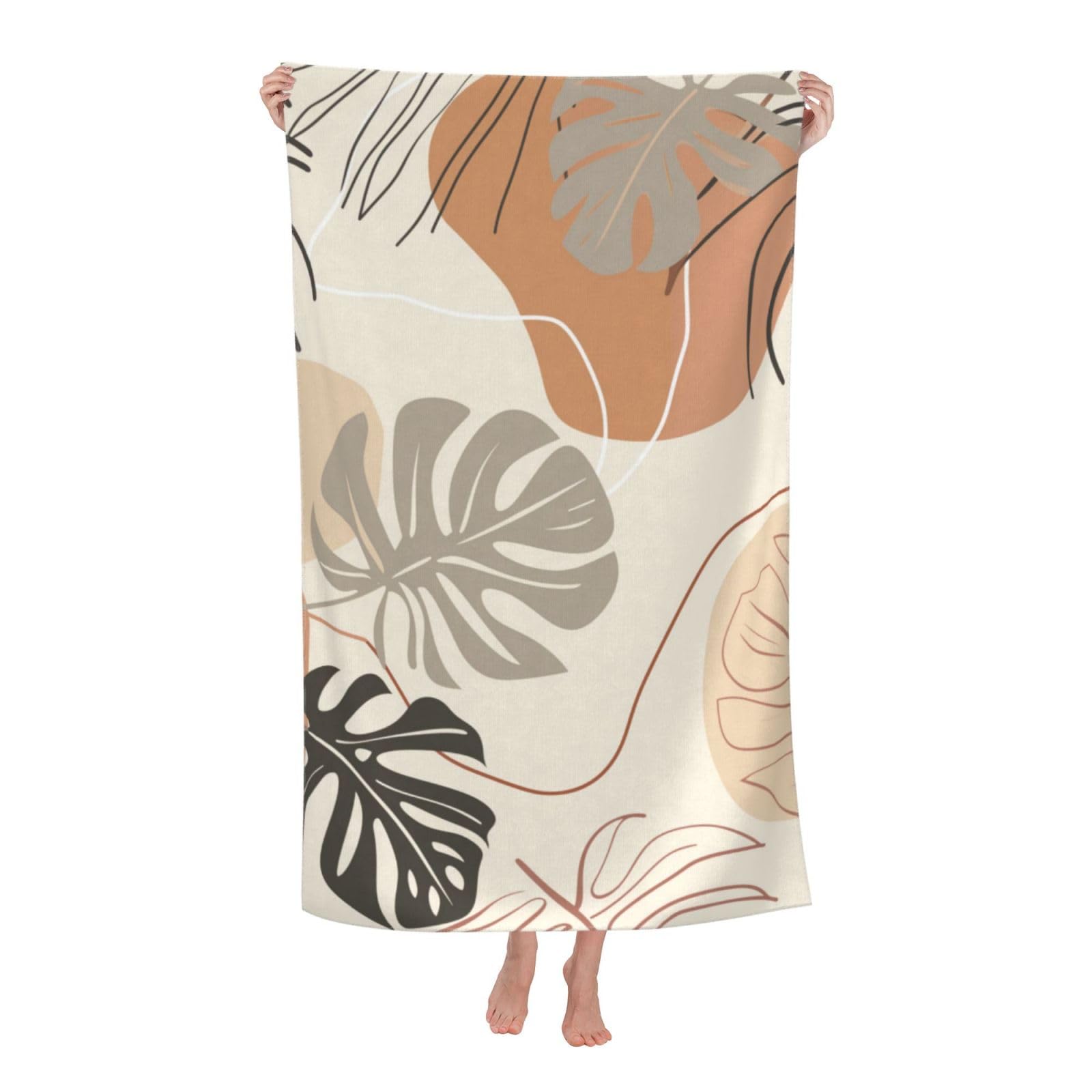 HLBSDM Abstract Mid Century Boho Beach Towel Microfiber Sand Free Leaves Towels for Adults Kids Quick Dry Ultra Absorbent Super Soft Pool Travel Swim Bath Shower Towel 52”x 32”