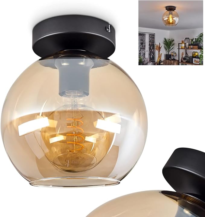 hofstein Koyoto plafondlamp, moderne metalen/glas plafondlamp in zwart/amber, 1-lichts retro/vintage lamp met glazen kap (Ø 20 cm), 1 x E27, exclusief gloeilamp