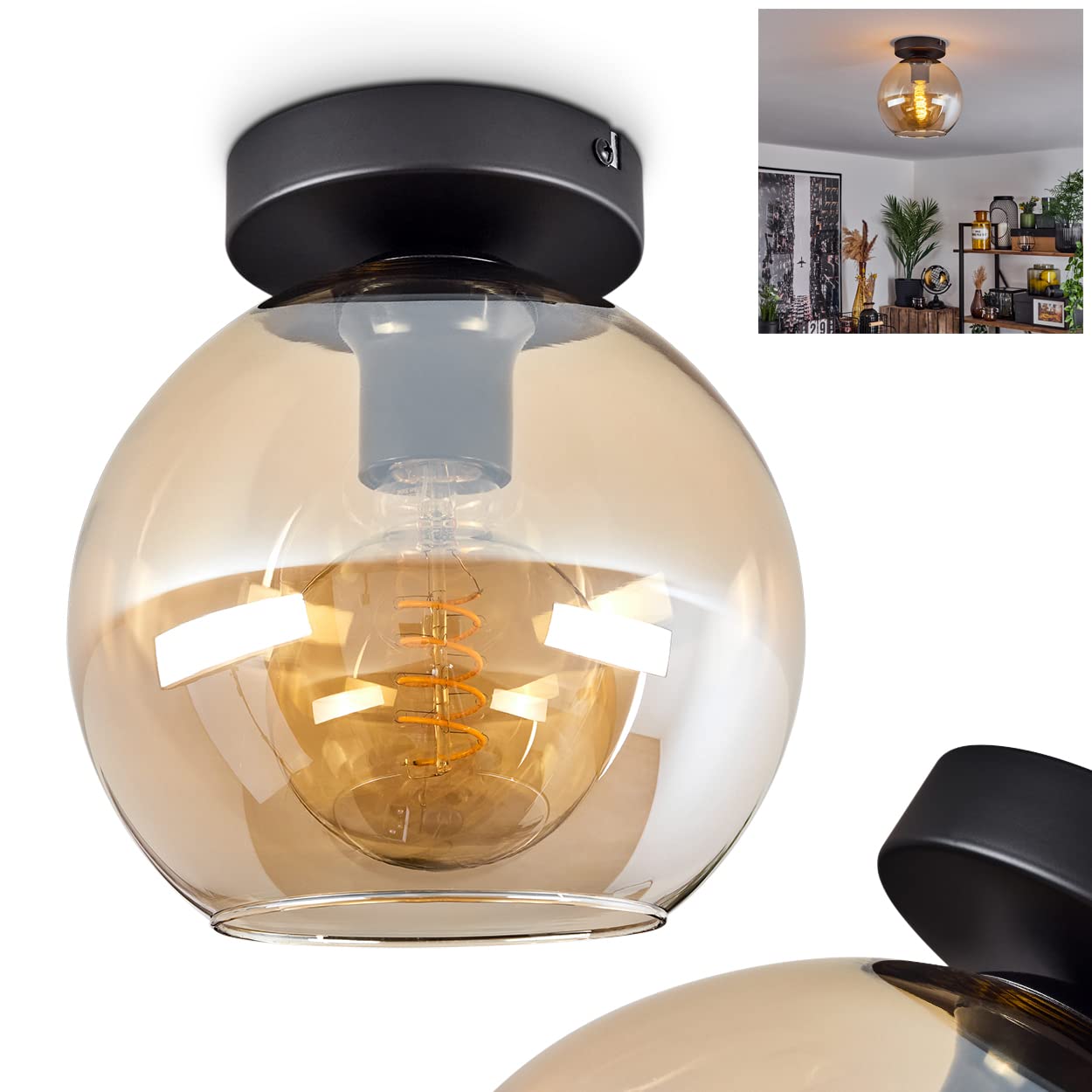 Plafoniera Koyoto, plafoniera moderna in metallo/vetro di colore nero/ambra, lampada a 1 luce retro/vintage con paralume in vetro (Ø 20 cm), 1 x E27, senza lampadina/e