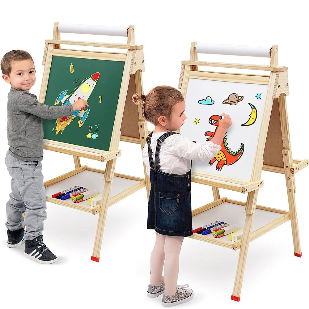 COOLBABY Kids Wooden Art Easel, Adjustable Standing Easel, Double-Sided Drawing Easel with Paper Roll, Magnetic Chalkboard & Whiteboard, Modern Style, White/T110