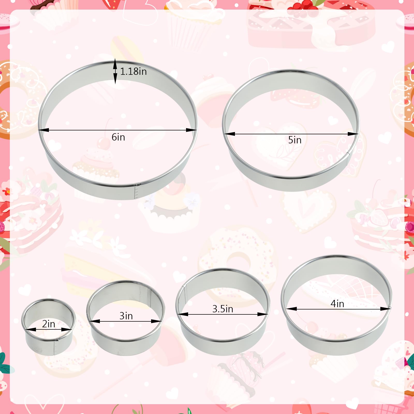6 Stück Runde Ausstechformen Set (2, 3, 3,5, 4, 5, 6 Zoll), große Edelstahl hausgemachte Kreisausstecher Donut Ausstecher zum Backen, Kuchen, Kekse, Sandwiches, Gebäck