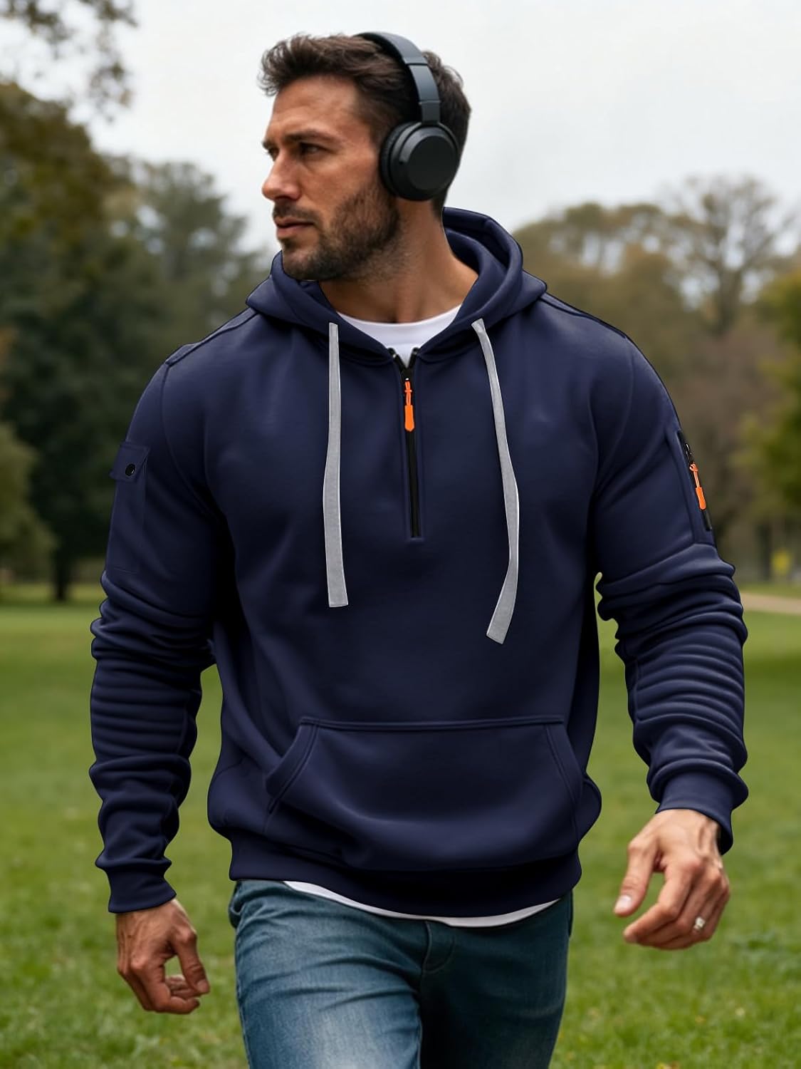 Men's Fleece Workout Athletic Pullover Hoodie Long Sleeve Basic Quarter Zip Pullover Sweatshirt with Kanga Pocket - Image 4