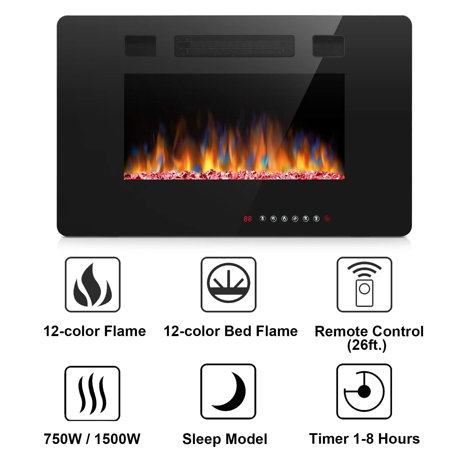 Joy Pebble 30 inch Electric Fireplace Inserts, in-Wall Recessed and Wall Mounted 750/1500W Fireplace Heater, Touch Screen, Remote Control with Timer, Adjustable Flame Color and Speed