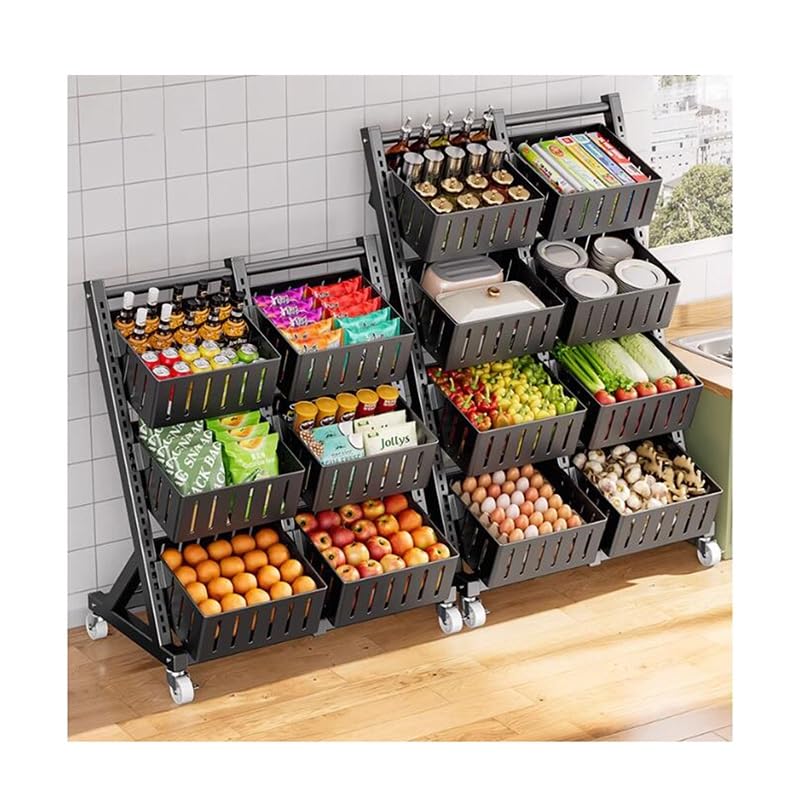 Zfmnoyev Fruit Vegetable Storage Basket for Kitchen, Snack Storage Rack, Toy Organizer Box, 360° Universal Wheel, with Pull-Out Baskets (Color : Black, Size : 73x40x112.5cm-A)