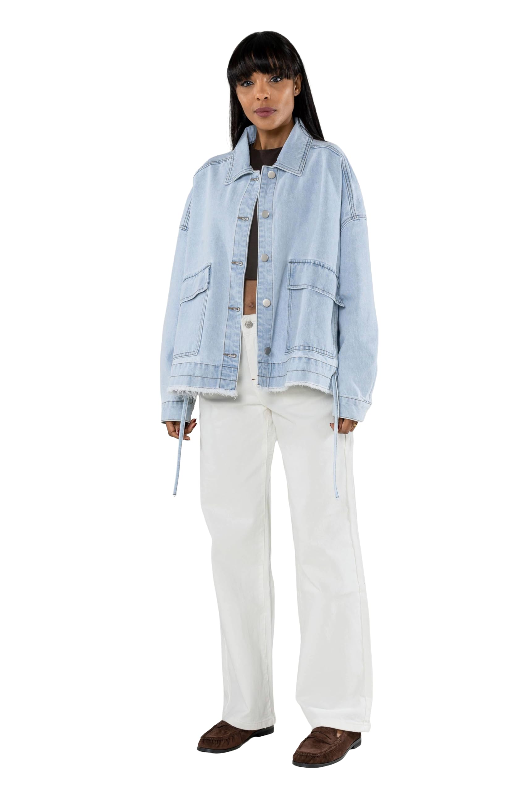Nina Carter Chaqueta vaquera de gran tamaño para mujer, chaqueta vaquera suelta con botones y bolsillo grande, chaqueta informal de entretiempo para primavera y otoño