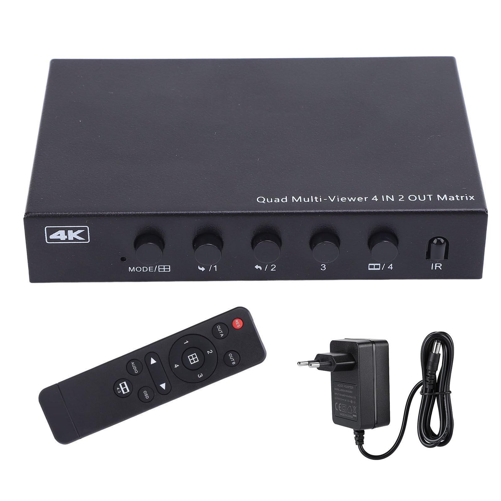 SENECESLI Conmutador Multivisor, 4K HDMI 4 Entradas y 2 Salidas Conmutador Continuo con 6 Modos de Visualización y Control Remoto para Proyector de Monitor Portátil de PC (Enchufe de la UE)