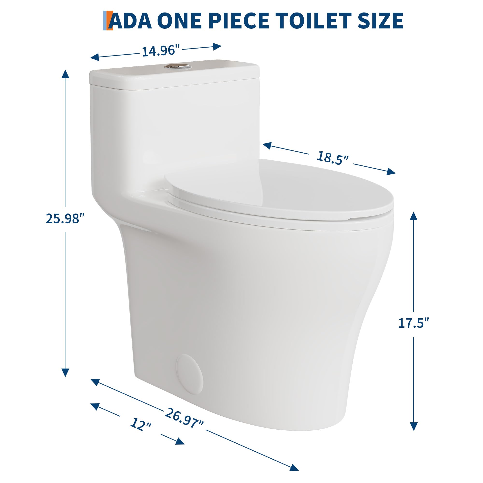 ADA Toilette monobloc allongée, hauteur confortable et siège à fermeture amortie, double chasse d'eau 0,8/1,28 GPF, MAP 1000 g, blanc moderne