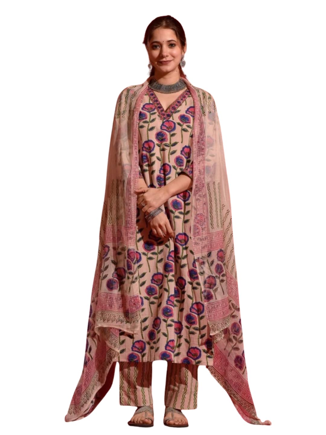 Nainvish Women's Beige Printed Straight Rayon V-Neck Kurta Pant With Dupatta (Sd691_Kbd-M)