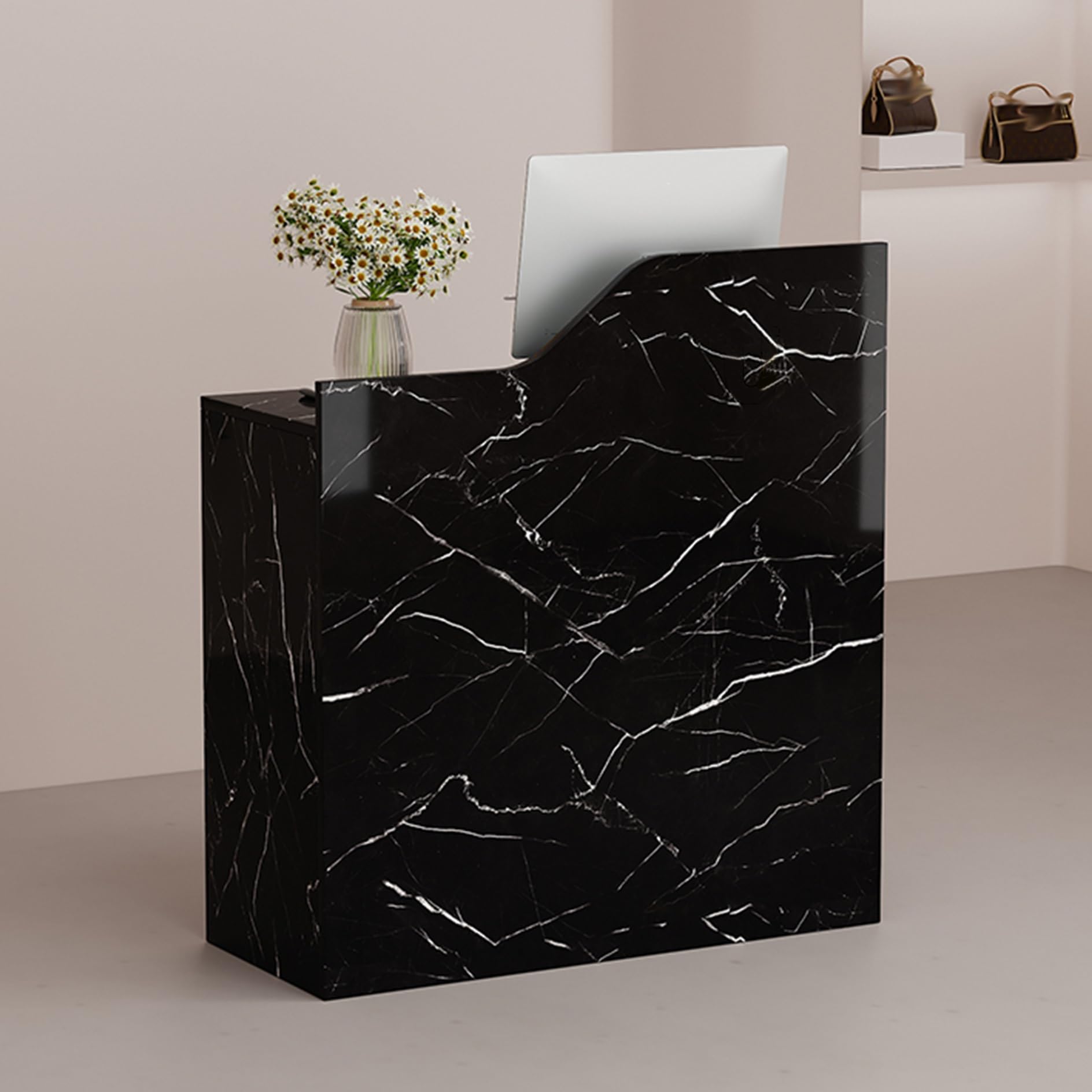Elegante y moderno escritorio de recepción con mostrador de almacenamiento para peluquerías, barras de belleza y cajas registradoras, diseño estético profesional para uso en salones.