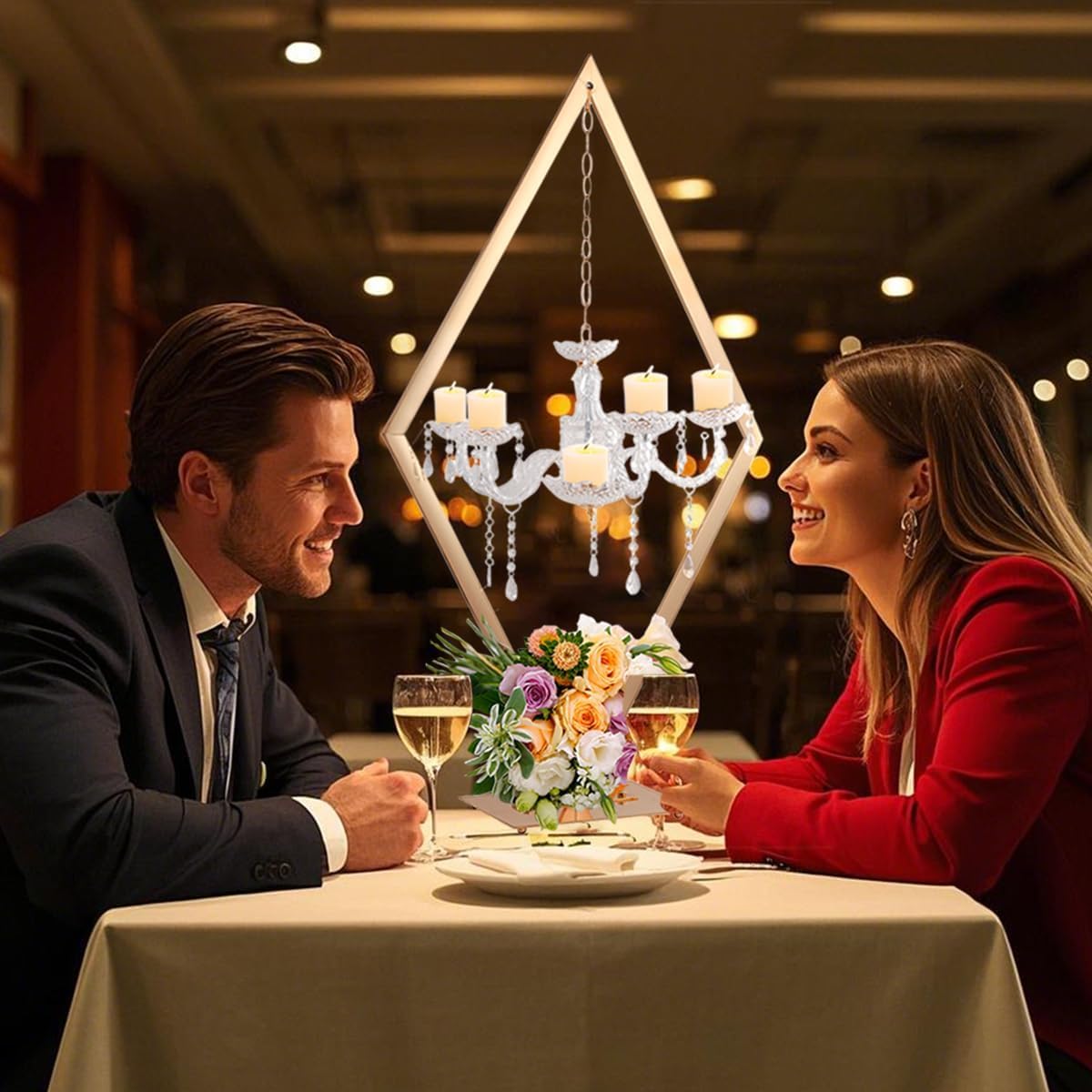 Portavelas de metal, centros de mesa de candelabro de diamante con gotas de cristal acrílico para decoración de bodas y hogar