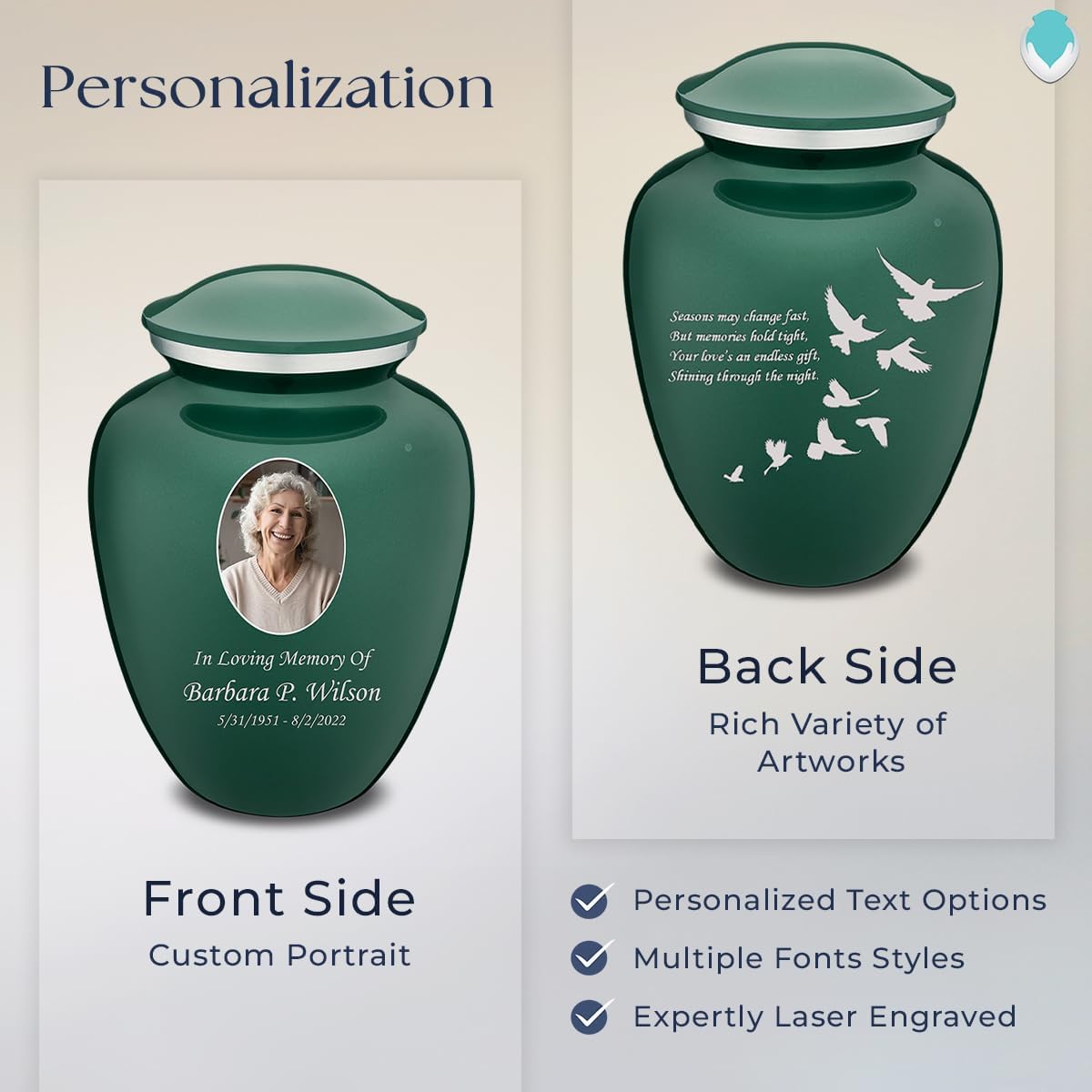 Geturns Embrace Adult Personalized Doves Cremation Urns for Human Ashes I Large Picture Green Funeral Urn for Adult Men and Women with Double Side Engraving I 200 lbs
