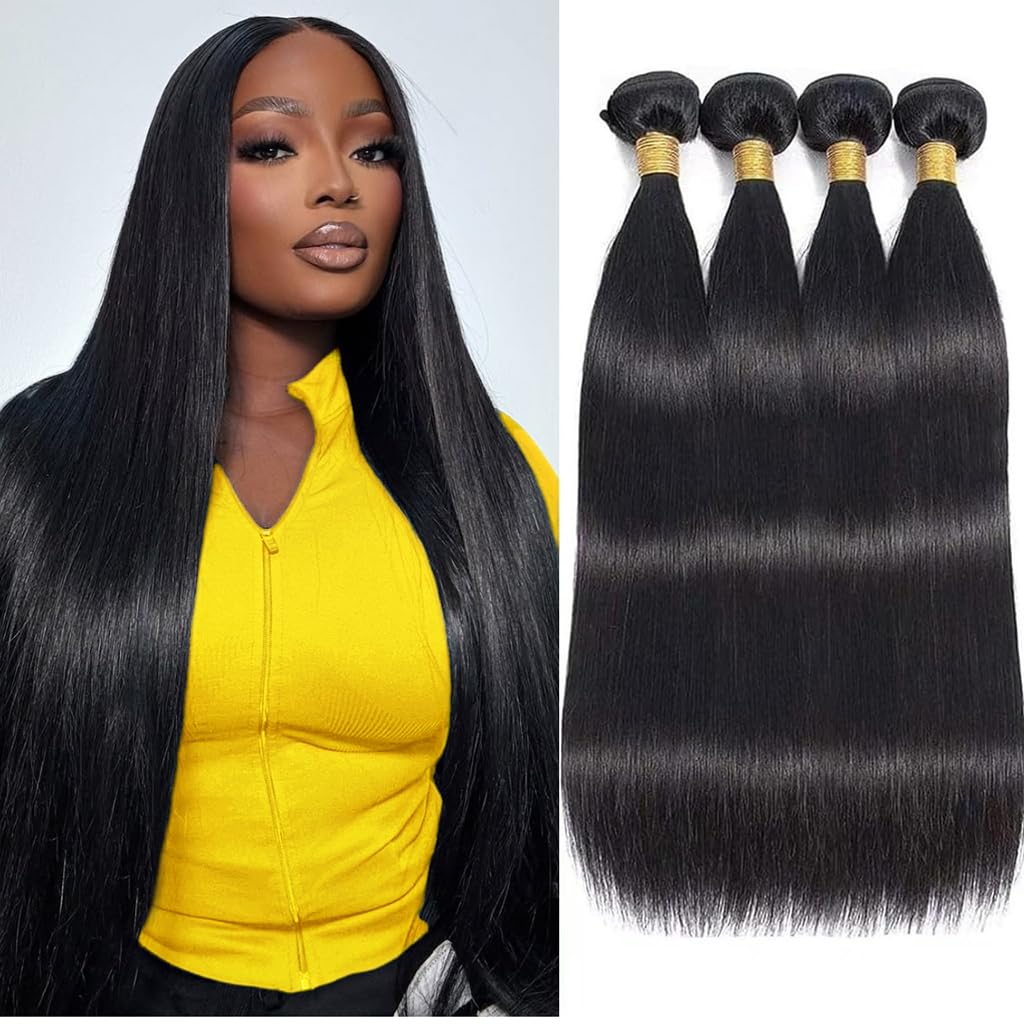 Straight Bundles Human Hair 20 22 24 26 Inch 100% Unprocessed Brazilian Virgin Hair 4 Bundles Hair Extension for Black Women Natural Color