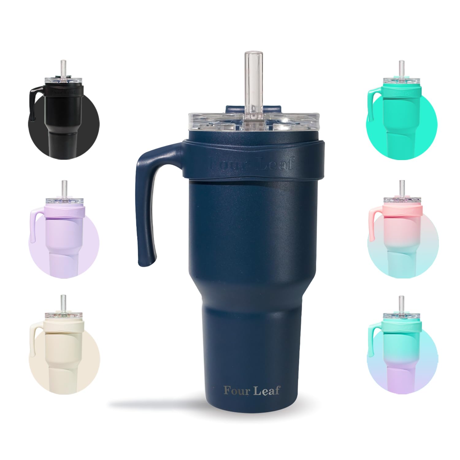 Four LeafTrustyMate 40 Oz Tumbler with Handle and Built-In Straw Lid, Insulated Leak Proof Stainless Steel Tumbler (Navy)