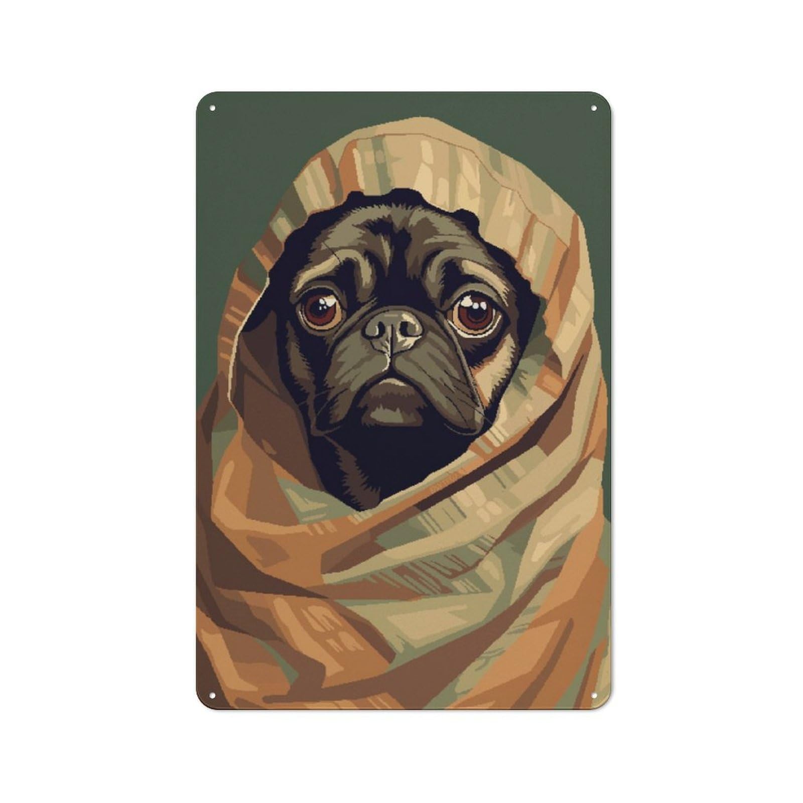 Junmoney Cute Pug Blanket Pixel Art Rustic Metal Wall Sign 30X20cm For Kitchen Or Home Bar, Suited To Home Bar Enthusiasts