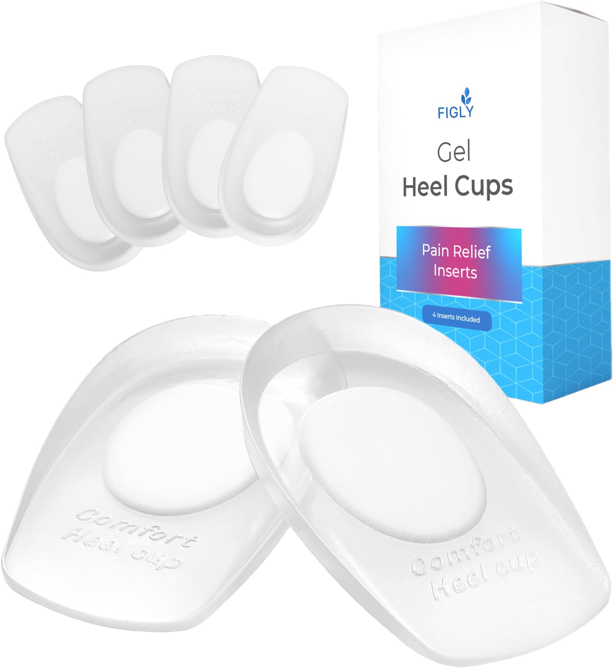 Figly Heel Cushions for Heel Pain Relief (4 Pack) - Heel Spur Relief Products Heel Pads Heel Inserts Women Gel Heel Cups Heel Pain Men Heel Cups Plantar Fasciitis, Heel Supports Heel Pain Shoe