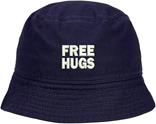 Mens Bucket Hat Free Hugs Embroidered Washed Cotton Classic Bucket Hat Navy
