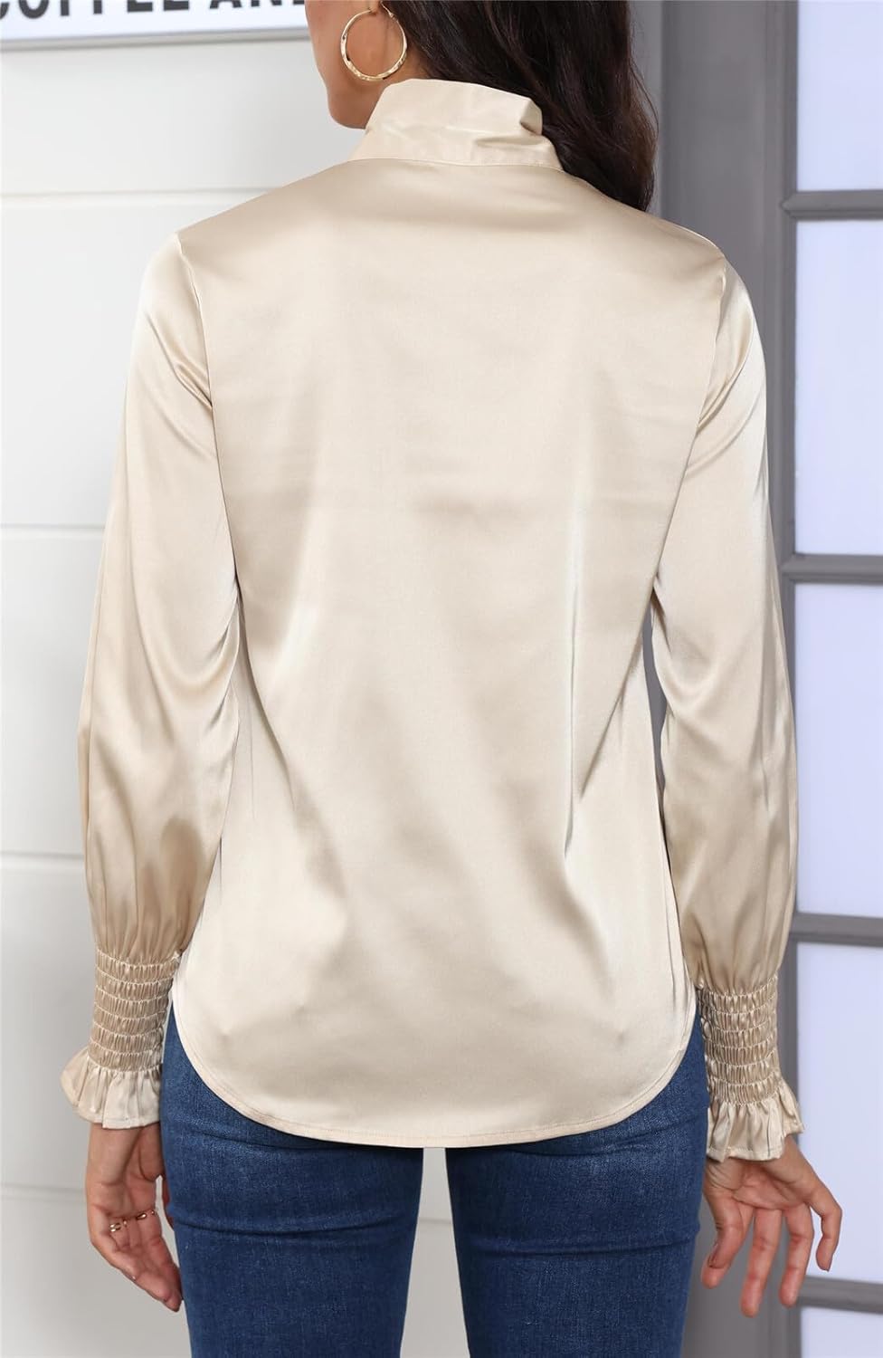 Women's Silk Button Down Blouse Bow Tie Neck Long Sleeve Dressy Elegant Office Work Blouse - Image 2