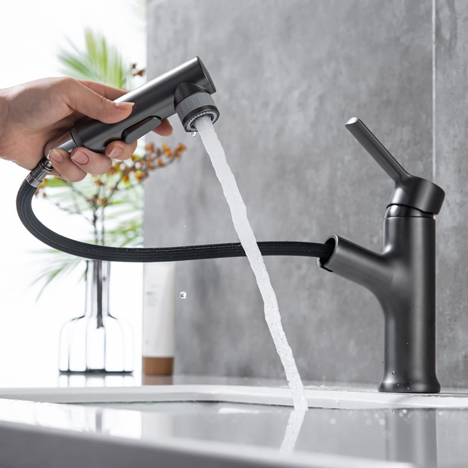 Grifos De Lavabo con Rociador Extraíble, Grifos De Lavabo con Filtro Antisalpicaduras para Agua Caliente Y Fría, Color Oro Cepillado.(Grey)