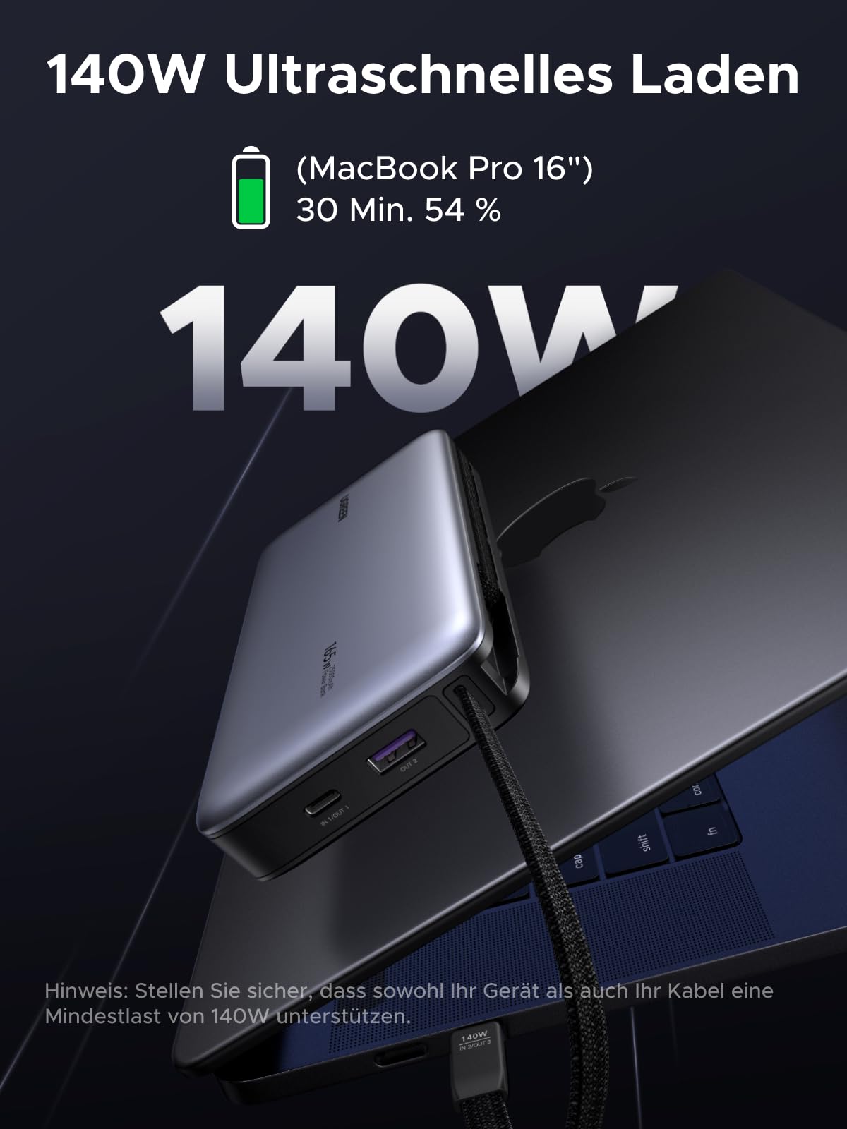 UGREEN Nexode Power Bank, 25000mAh 165W Schnellladen mit 2 Integrierten USB-C Kabeln (140W PD3.1), Kompatibel mit MacBook Pro 16",Dell XPS, iPad Pro, Steam Deck, Galaxy S25 Ultra, iPhone 17