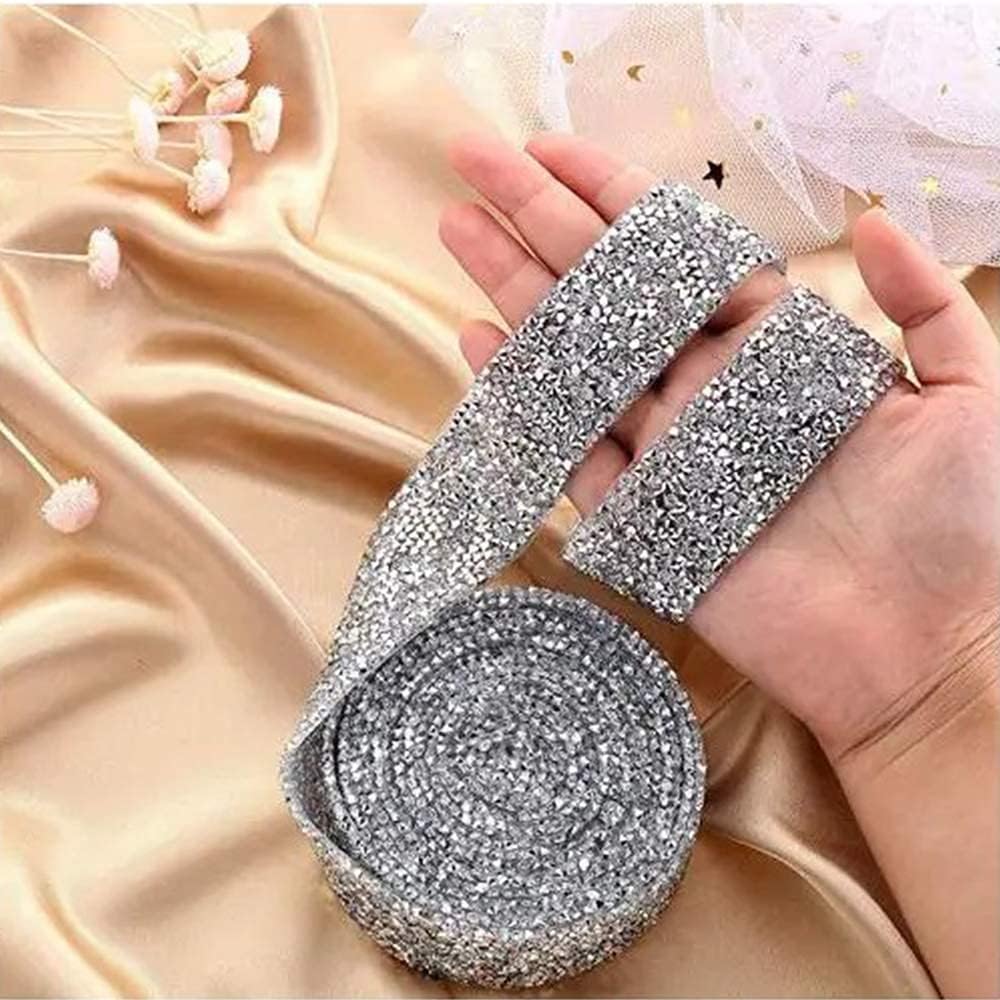 Crystal Rhinestone Ribbon, 4.4 Yards Self Adhesive Diamond Sparkling Bling Ribbons Roll Belt Wrap for Wedding Cakes Birthday Crafts Decorations (Silver/Clear, 2 Rolls in 2 Sizes)