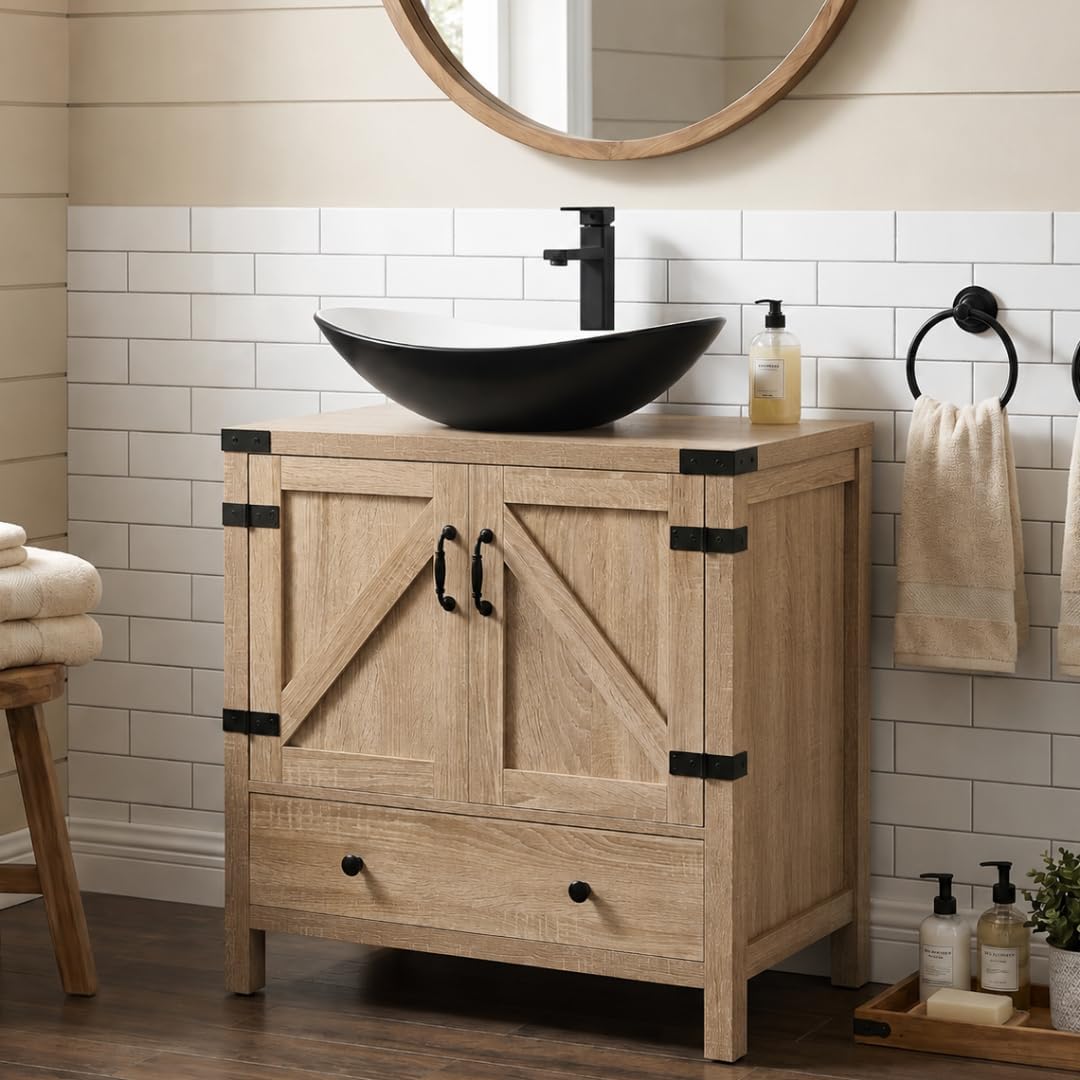28" Natural Color Bathroom Vanity, Rustic Fixture Standing Pedestal Cabinet with Black and White Ceramic Sink