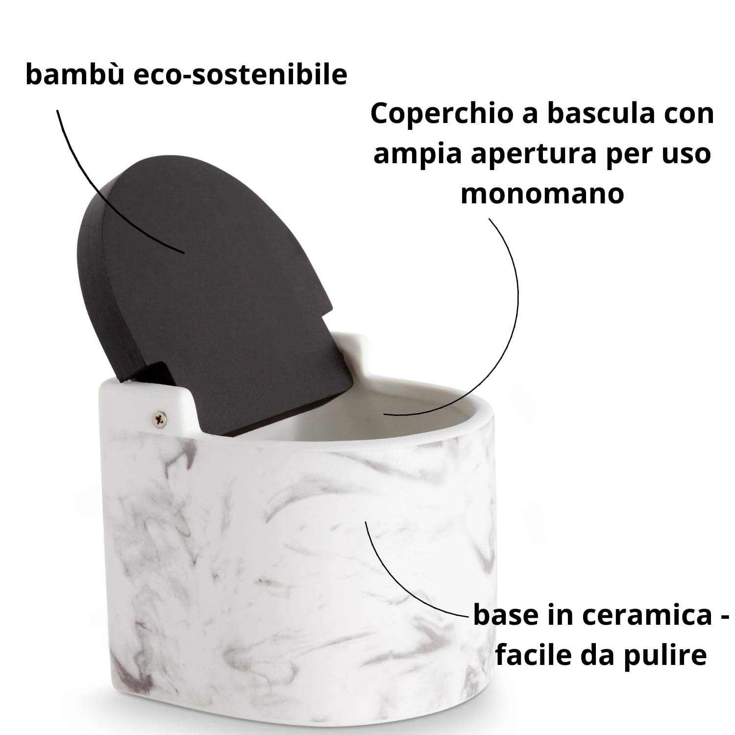 Porta sale grosso e fino, Barattoli sale per cucina o tavolo in ceramica con coperchio girevole in bambù ecologico, Barattolo sale grosso e fino, Dimensioni 11,7 x 11,5 x 11,3 cm. Marmo