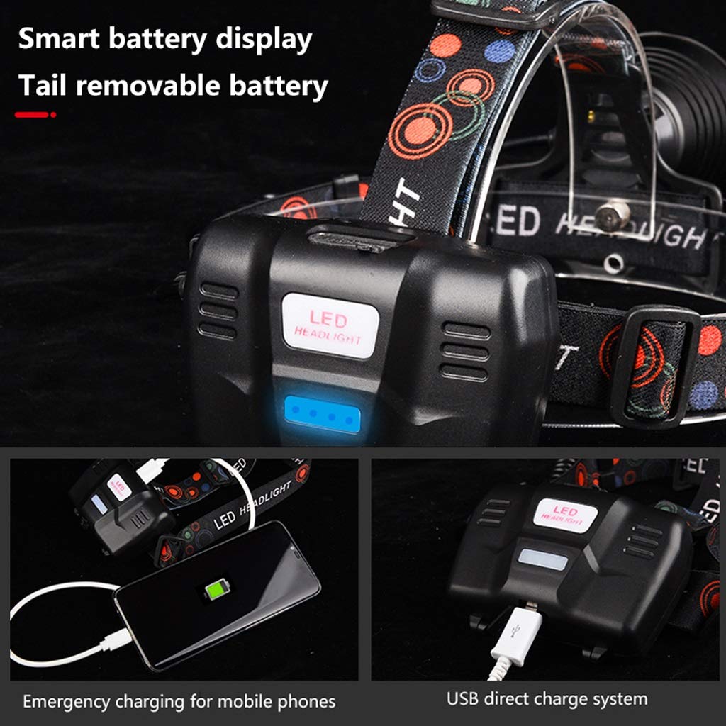4622LM T40 Faro de Carga USB 3 Modos de Uso de la Linterna 3 * 18650 montado en la Cabeza de la Linterna con el indicador de batería IPX6 Pesca Nocturna Impermeable al Aire Libre