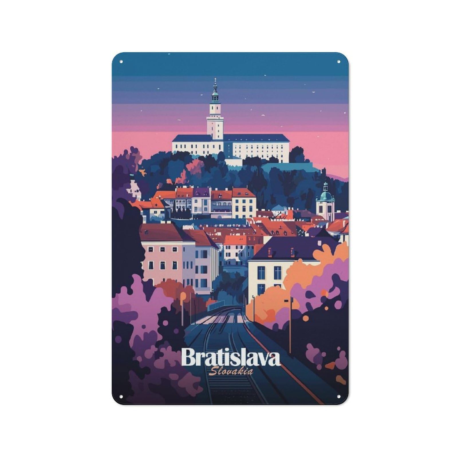 Junmoney Style-21 Bratislava Cityscape Printed Metal Sign 30X20cm For Lounge Or Reading Corner, A Winter Wall Decor Update For Reading Corner Decorators