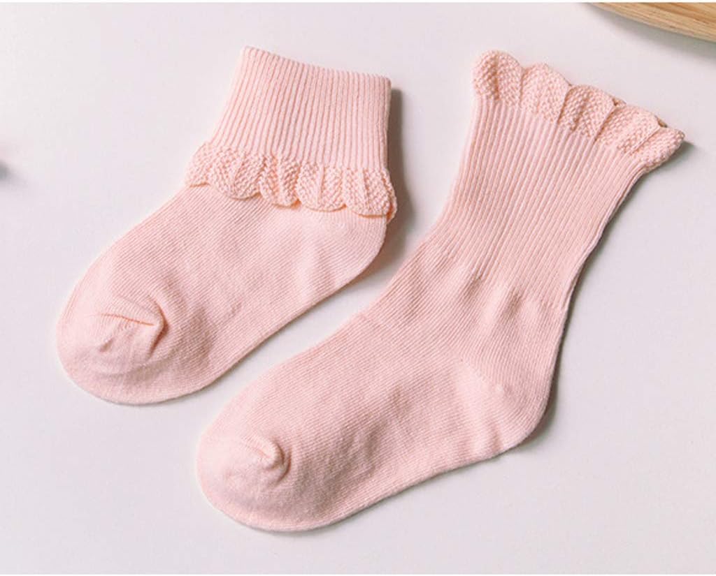 Toddler Infant Baby Girls Elastic Socks with Ruffled Lace Ribbed Knit Solid Color Stockings 0-1y