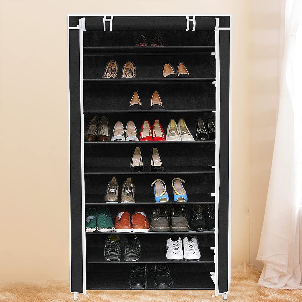 LANTUS Opvouwbare schoenenkast van stof, inklapbaar, kledingkast met 10 legplanken voor 40 paar schoenen – kledingkast, campingkast (88 x 28 x 160 cm (zwart