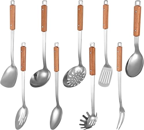 9 utensilios de cocina de acero inoxidable, juego de utensilios de cocina con Hanlde de madera, incluye espátula de acero inoxidable 304, cucharón y