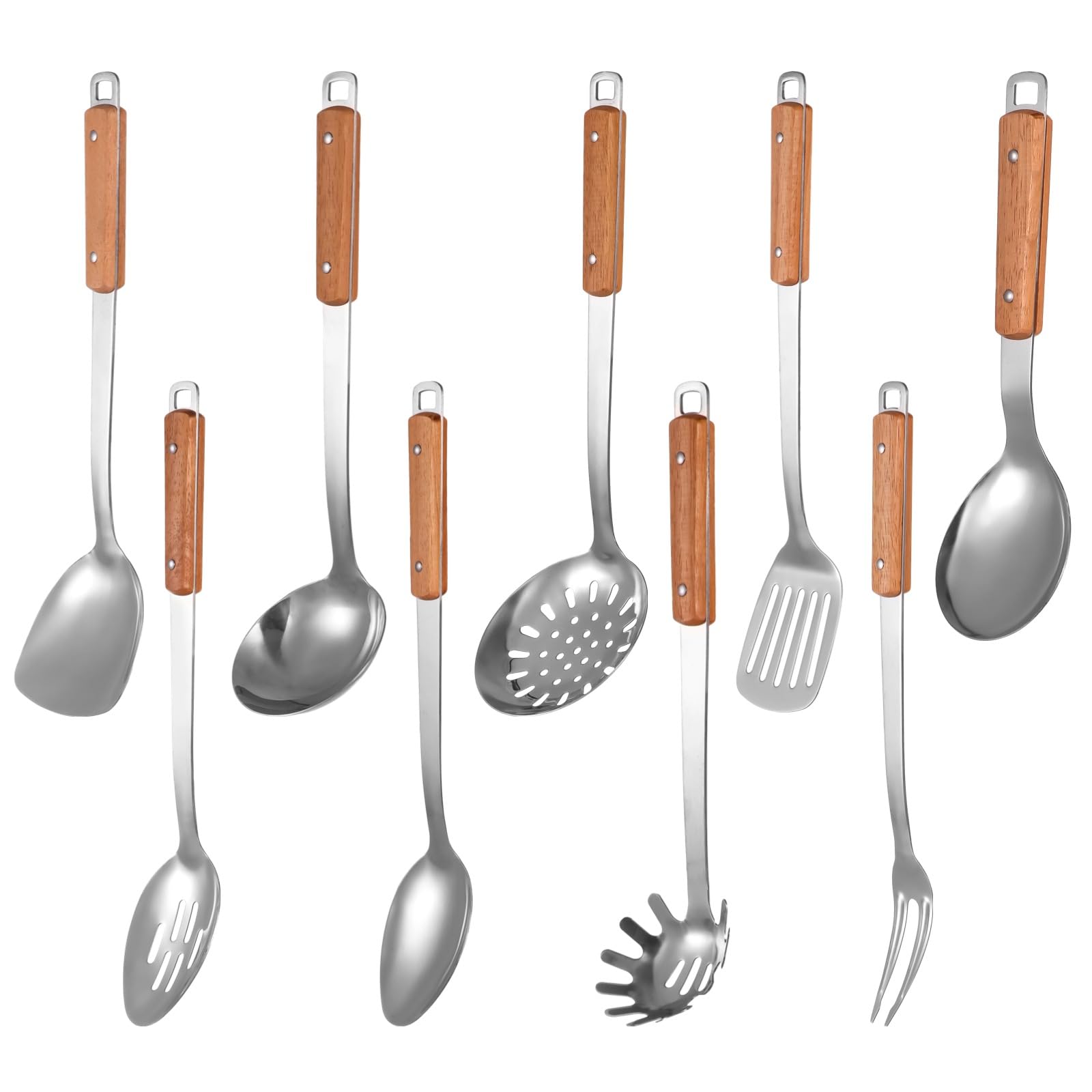 9-teiliges Küchenutensilien-Set aus Edelstahl mit Holzgriff, inklusive Pfannenwender, Schöpfkelle und Schaumlöffel, Metall-Kochutensilien zum Kochen, Servieren und Mischen