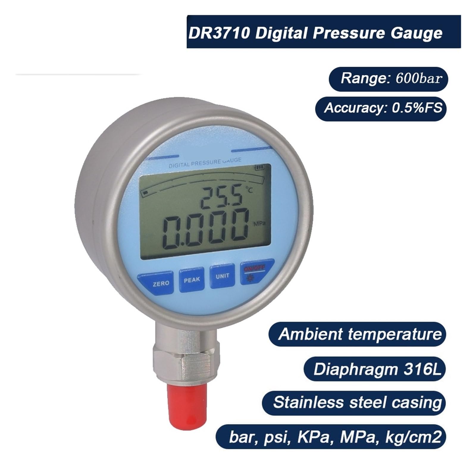 Manometer, 60 MPa Genauigkeit 0,5% FS Ziffernanzeige Edelstahl-Manometer for Luftflüssigkeit