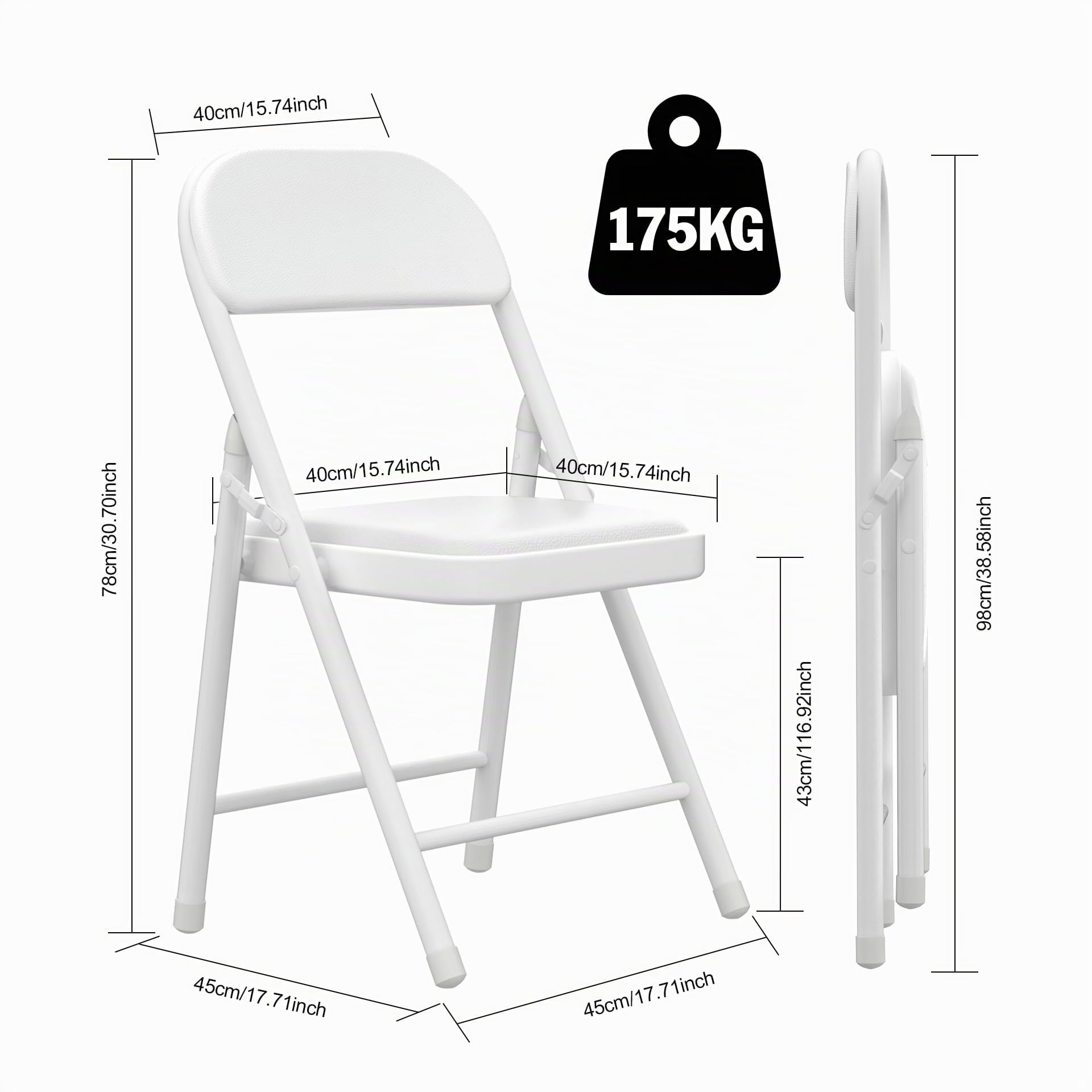 2 Sedie Pieghevoli Imbottite in Ecopelle, Salvaspazio 45x45x78 cm, Bianco | Richiudibili da Interno Esterno, Struttura in Acciaio, Portatile, Sedia Pieghevole per Casa Ufficio campeggio Festa ed Eventi