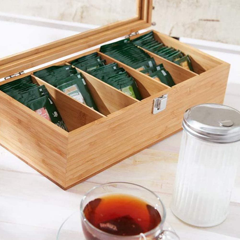 de Bambú Multifuncional Bolsa de Té Organizador de Joyas Caja de Almacenamiento 5 Compartimentos Caja de Té Organizador Contenedor de AzúCar