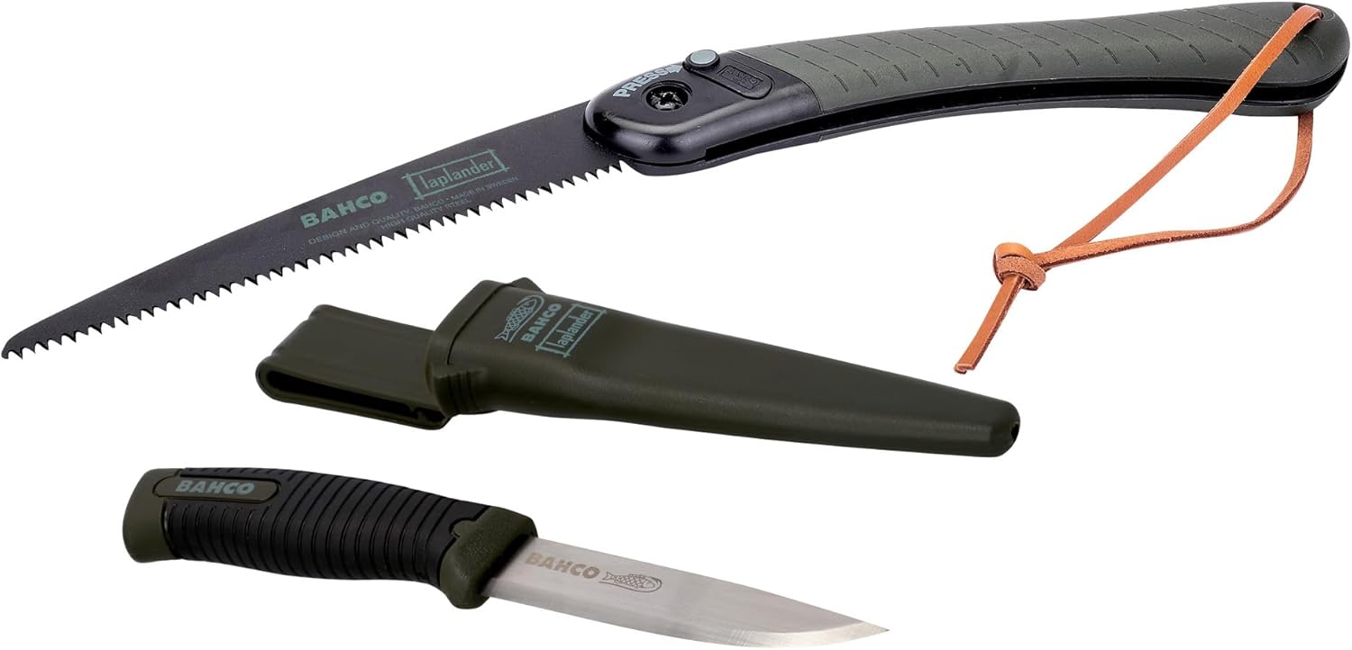Bahco 9" Laplander Folding Saw & Knife Combination, Includes 396-LAP Saw and 2446-LAP Knife with Rust-Proof Blade, Perfect Grip, and Belt Holster for Bushcraft, Camping, and Outdoor Utility Tasks