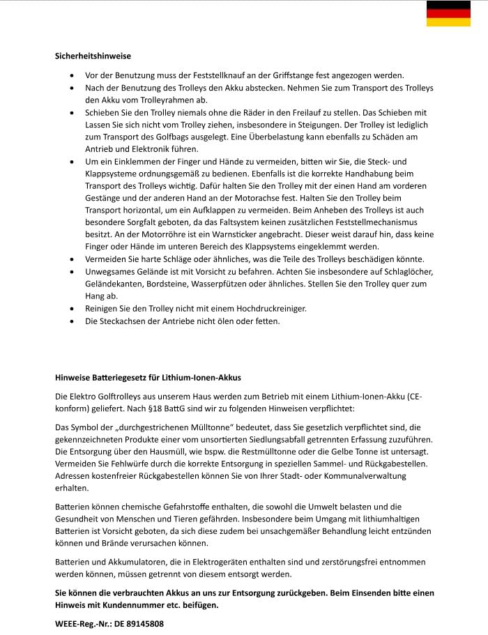 Elektro Golf Trolley walker, Rückwärtsgang (1-stufig), Bergabfahrbremse
