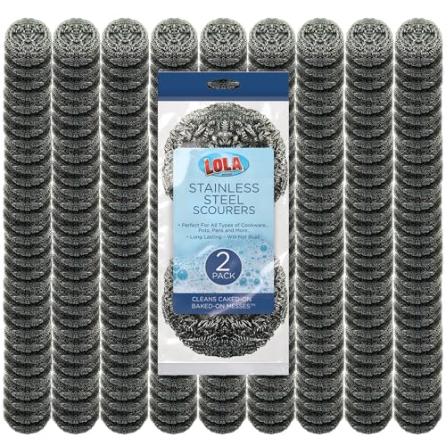 Stainless Steel Wool Scouring Pads, 288 Pack, by LOLA Brand, 18 Grams - Curled Flat Wire, Cleans Caked On & Baked On Messes on Cookware