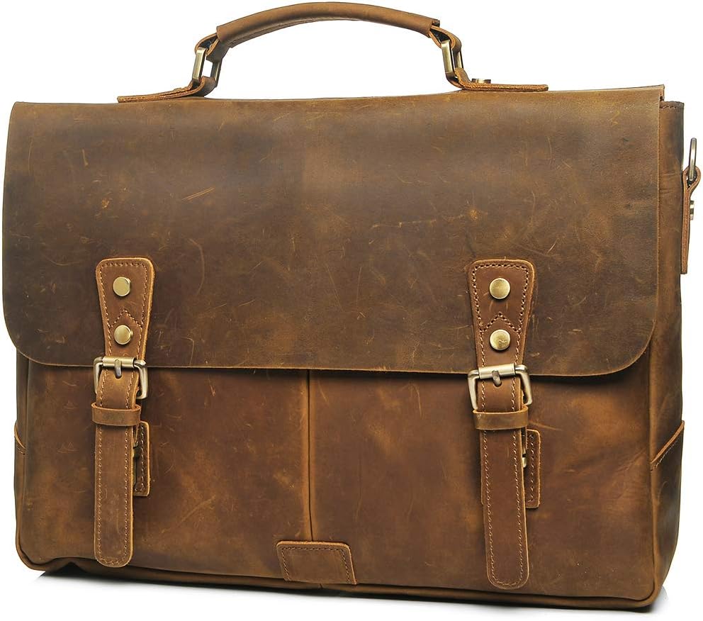 S-ZONE Men's 15.6 Inch Laptop Messenger Bag Leather Briefcase Shoulder Croddbody Bag (Light Brown)